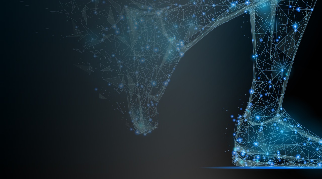 Abstract image of feet in sneakers running low poly in the form of a starry sky or space, consisting of points, lines, and shapes in the form of planets, stars and the universe. Vector sport concept.